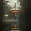 宇宙船位于宁静的湖泊上方，周围环绕着森林、薄雾、雾气和反射光，清晨，32 K--个性化nwnd 4 j3--styleum 600
