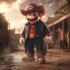 超级马里奥在《Red Dead Redemption》中打扮成牛仔，马里奥有一个斗篷，一顶牛仔帽，一双靴子，牛仔造型，狂野西部，黑色外套，靴子，电影镜头