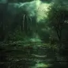 深绿色景观体现了心理学和操纵元素，绿色和黑色之间的强烈对比，笼罩在黑暗、阴雨的氛围中，传达悲伤、8 k、超现实、戏剧性的灯光。
