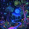以日心为主题的黑光海报，色彩鲜艳的宇宙螺旋，森林中绽放着荧光能量的发光花朵，展示了空灵的存在在受60年代迷幻艺术风格启发的超现实的星光景观中跳舞