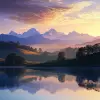 生成沐浴在黎明柔和光芒中的美丽风景的图像。在前景中，一片宁静的湖泊映照出日出温暖的色调，平静的湖面偶尔会被吹过的微风或潜水的鸟儿的涟漪打破。连绵起伏的山丘在中间的距离延伸，它们的轮廓被晨雾软化。这些山丘上点缀着一簇簇的树木，当它们捕捉到一天的第一缕阳光时，它们的叶子轻轻地颤动。背景中，雄伟的雪山耸立在天空中，山峰刚刚开始捕捉黎明的绚丽橙色和粉红色。天空本身就是一幅色彩不断变化的画布，从地平线上夜色