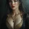 women with a focus face, black gold dress . standing in light rain. with realistic drop of rain on his breast . hyperrealism , romanesque,, close-up shots, the blue rider,32k uhd warmcore , detailed c