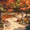 Sparklecore，吉卜力工作室的动漫风景，宁静的日本禅宗花园，秋天盛开的枫树，宁静的锦鲤池，瑟瑟作响的树叶，传统石灯笼，蜿蜒的砾石小径，柔和的漫反射阳光透过琥珀色的树叶，创造出斑点的阴影，温暖的烧焦橙色、深红色和微妙的绿色;石元素中柔和的灰色和棕色的对比，广角镜头，鸟瞰图，捕捉花园布局的和谐与平衡，以锦鲤池，niji，s 250 -