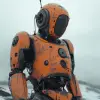 末日后，特写镜头，爱情角度，橙色机器人，下雪，多雾