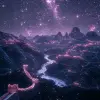 这是一个超现实而复杂的夜间cg渲染，淡粉色的天空覆盖了金河上的大瀑布，泰隆风格的中国宏伟长城，发光道路，银河，星光，艺术，高清，星空，许多小而多彩的粉红色发光颗粒，包括银河，北极，苔原和冰山，奇幻，高细节，美丽，16 k，辛烷灯和阴影，复杂细节，超广角，全景摄影，16 k高清马克·阿姆斯风景摄影，真实照片体积光，16 k，v体积光高清，