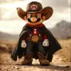 超级马里奥在《Red Dead Redemption》中打扮成牛仔，马里奥有一个斗篷，一顶牛仔帽，一双靴子，牛仔造型，狂野西部，黑色外套，靴子，电影镜头