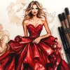 时尚秀- ColoringBook风格。屡获殊荣的时尚插图，描绘了一位身穿红色连衣裙的迷人女性。这件衣服是大胆而充满活力的红色色调，吸引了房间里每个人的注意力。这位女士的风格优雅优雅，散发着自信和成熟。她的头发呈松散的卷发，衬托着她的脸，还有一抹红色的口红，与她的裙子完美搭配。插图以全身角度展示了这位女士，突出了连衣裙复杂的细节和她自信的姿势。 