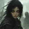 A woman with raven black hair, green eyes and covered in dirt, wearing rags, escaped from a dungeon and now wonders in a grey wasteland with other people also in rags. Sunken eyes, Lord of the Rings, 