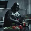 达斯·维德（Darth Vader）在现代和未来派的皇家厨房里烹饪豆腐和蔬菜，摄影，烹饪书封面风格，--v 6