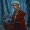一位留着金色辫子的女猎人，穿着红色斗篷，篮子里拿着一个狼头。夜，蓝色森林，CG渲染，--ar 9：16