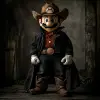 超级马里奥在《Red Dead Redemption》中打扮成牛仔，马里奥有一个斗篷，一顶牛仔帽，一双靴子，牛仔造型，狂野西部，黑色外套，靴子，电影镜头