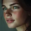 Portrait Photography, A highly detailed close-up of a content woman looking left, with prominent, bright eyes that sparkle with sharpness and contrast against a subtle background, Her skin is flawless
