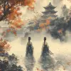 两个女人走在中国花园里，穿着汉服，飘逸的长袍，水墨画风格，中国童话般的风景，白雪朦胧，身姿优美--ar 1：2 --styleston 750