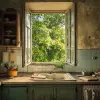 Old kitchen with open window overlooking the trees