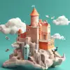UI/UX、pinterest、网络3D插图、富有想象力的人、用奇幻场景、云、城堡、梦幻配色方案进行创作，作者：Oliver Jeffers，异想天开的背景--v 5.1 --原始风格