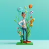 有趣的网络3D插图，好奇的厨师，古怪的姿势，作者：Josh Agle，异想天开的美学，大胆的调色板，嫩绿，郁金香花，天蓝色背景--v 5.1 --原始风格