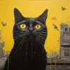 黄眼睛黑猫吃金丝雀，大卫·麦克劳德和韦斯·安德森风格的超现实绘画--v 5.2