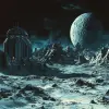 外星机械、外星废墟、科幻、风景、外星月球表面的科学基地、未来、科幻--没有草稿、颗粒状、低分辨率、变形、模糊、重复文物、模糊、薄雾、低分辨率、低质量、水印、画外、曝光不均匀、构图不良、jpeg文物、文本-