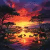 生动的野生动物场景，展示了自然栖息地中的各种动物。以非洲大草原的壮丽景象为中心，日落时狮子的骄傲为特色。天空应该充满红色、橙色和紫色，为风景投射出温暖的光芒。包括相思树、远处连绵起伏的山丘和反映天空颜色的水坑等细节。狮子周围有大象、长颈鹿和斑马等其他野生动物，每种野生动物都以动态、自然的姿势捕捉到。图像应传达和谐与活力的感觉，突出野生动物的美丽和多样性。融入复杂的细节，例如毛皮的纹理、树皮的粗糙度
