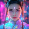 18岁女孩，白皙的皮肤，精致的五官，汉服与机甲，投影全息显示，腰部被全息丝带包围，中国武术动作，全息光环，荧光，丰富的背景，正视图，透视图，赛博朋克，特效，3D渲染，超现实，逼真的细节，虚幻引擎，详细的描述