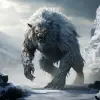 高山和冰雪附近的巨狼生物，原始主义狂热风格，蝎尾狮，虚幻引擎，尼古拉斯·米格纳德，强烈的面部表情，亚历山大·阿维林，深蓝色：：，一个巨大的雪怪物站在冰上，史诗奇幻场景的风格，蝎尾狮，爆炸性野生动物，土伦，深灰，犬科，强烈的面部表情：--v 5.2