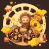 UI logo design, film reel surrounded by popcorn with movie theater backdrop, playful monkey with brown and popcorn yellow light, inspired by movies and entertainment, film reel shape, vector, ultra, h
