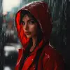 一个穿着红色雨衣的女人站在雨中，Hedi Xandt的真实感画作，出现在cg社会上，艺术摄影，behance hd，红移，用尼康d750拍摄的照片