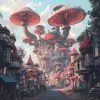 一个长满巨大蘑菇的小城市的照片，奇幻插画风格，浅红色和青色，维多利亚风格绘画，daz 3d，详细的人物插图，流浪的眼睛，段落
