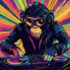 一只猴子扮演DJ的盘子，时髦的迷幻插图，时髦的头发，丰富多彩的，时髦的光线，酸性的颜色，现代风格，hr