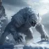 高山和冰雪附近的巨狼生物，原始主义狂热风格，蝎尾狮，虚幻引擎，尼古拉斯·米格纳德，强烈的面部表情，亚历山大·阿维林，深蓝色：：，一个巨大的雪怪物站在冰上，史诗奇幻场景的风格，蝎尾狮，爆炸性野生动物，土伦，深灰，犬科，强烈的面部表情：--v 5.2