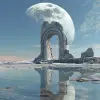an ancient ruined archway on the moon, fantasy, ruins of an alien civilization, concept art, blue sky, reflection in water pool, large white planet rising behind it, --v 6.0 