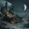 外星机械、外星废墟、科幻、风景、外星月球表面的科学基地、未来、科幻--没有草稿、颗粒状、低分辨率、变形、模糊、重复文物、模糊、薄雾、低分辨率、低质量、水印、画外、曝光不均匀、构图不良、jpeg文物、文本-