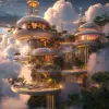 未来派和奇幻建筑，周围有云，周围有植物，美观美丽，超详细，8 K