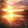 Magnificent view of the sunset over a tranquil lake, warm colors. Ultra HD, realistic, vivid colors, highly detailed, Ultra HD drawings, perfect composition, Beautifully detailed, intricate, extremely