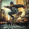 photography, dynamic range, in the city, ollie motion with professional man skateboarder
