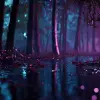 生动迷人，雨夜，森林，宁静，高大的树木笼罩在黑暗中，绚丽的色彩，昏暗的天空，雨滴被柔和的月光照亮，从树叶中倾泻而下，森林地面上装饰着闪闪发光的水坑，反射环境的光芒，夜间景观，清晰的焦点，烟雾，逼真的照片，4 k分辨率，银翼杀手