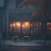 创造一个高度形象、拍摄坦率、极简主义的咖啡馆店面，早上有雾，秋天，建筑应该以干净的线条为特色