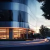 photorealistic, canon EOS 5d, minimalistic medium scale office building, curved brick, geometric shaped outline, expert, dramatic lighting, lighting effects, motion blurring walking crowd, realism sun