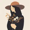 一个戴着帽子、拿着鲜花的女孩的平面插图，极简主义、温暖、实用主义、几何、丹麦设计--s 50