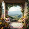 Flores em uma casa na montanha com um visão linda das montanhas no horizonte，walterColor，altamente dealhado，ultra definção，UHD