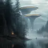 宇宙船位于宁静的湖泊上方，周围环绕着森林、薄雾、雾气和反射光，清晨，32 K--个性化nwnd 4 j3--styleum 600