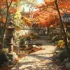 Sparklecore, anime scenery from Studio Ghibli, serene Japanese Zen Garden, Maple Trees in Autumn Bloom, Peaceful Koi Pond, Rustling Leaves, Traditional Stone Lanterns, Winding Gravel Path, Soft, diffu