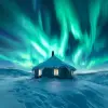 童话般的小屋、神奇美丽的北极光、灿烂的白雪摄影 