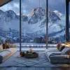 Winter Atmosphere Snowfall on the Mountains ~ Luxurious Living Room and Soft Jazz Music for Relax --s 250 --v 6.0