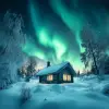 童话般的小屋、神奇美丽的北极光、灿烂的白雪摄影 