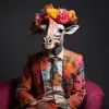 《Vogue》杂志封面，[动物]穿着[衣服]摆出坦率的姿势，[半身/全身]照片拍摄，杂志照片拍摄，工作室灯光，创意迷幻的美学背景，现代外观--v 5.2