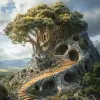 知识之树是一种幻想，以建筑插画家的风格，虚幻的风景，富有想象力的人物，橱柜，焦点堆叠，大型画布，大量的形式 