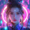 18岁女孩，白皙的皮肤，精致的五官，汉服与机甲，投影全息显示，腰部被全息丝带包围，中国武术动作，全息光环，荧光，丰富的背景，正视图，透视图，赛博朋克，特效，3D渲染，超现实，逼真的细节，虚幻引擎，详细的描述