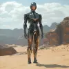 沙漠中的机器人站立，以eve venture的风格，液态金属，artur tarnowski，动态动作，标志性，迈克·阿鲁，32 k uhd