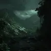 Dark and green landscape embodying elements of psychology and manipulation, strong contrast between green and black, enveloped in a dark, rainy atmosphere that conveys sadness, 8k, ultra realistic, dr